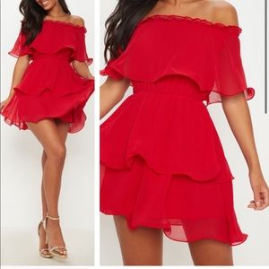 Red Chiffon Bardot Ruffle Tiered Dress